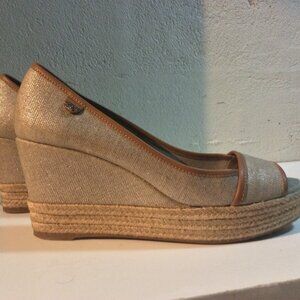 Tory Burch Beige/Tan Canvas and Leather Espadrille Wedge Pumps Size 39.5